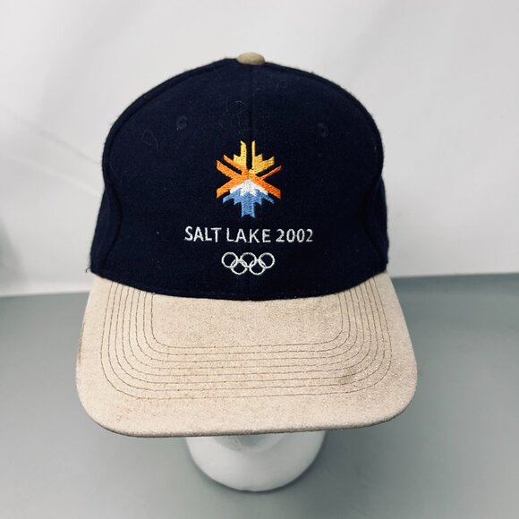 Salt‎ Lake 2002 Mens Hat Navy Beige Wool Olympic Winter Games Strapback Cap - Picture 1 of 9